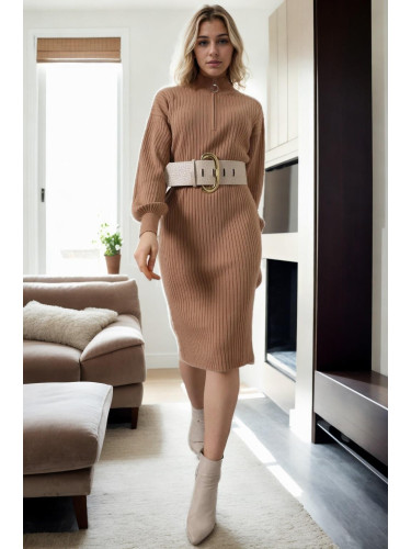 92522 Dewberry Long Knit Women Dress (Belt Not Included)-CAMEL