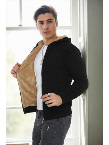 14455 Dewberry Furry Hooded Mens Sports Slim Fit Cardigan-BLACK