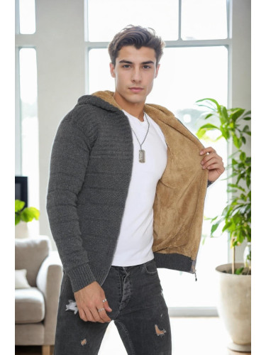 14455 Dewberry Furry Hooded Mens Sports Slim Fit Cardigan-GREY