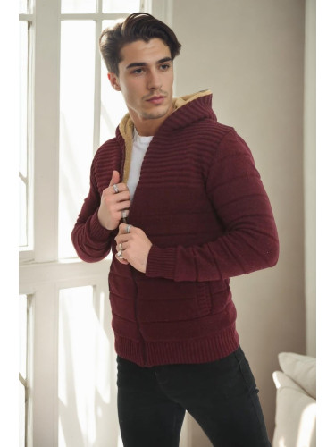 14455 Dewberry Furry Hooded Mens Sports Slim Fit Cardigan-BURGUNDY