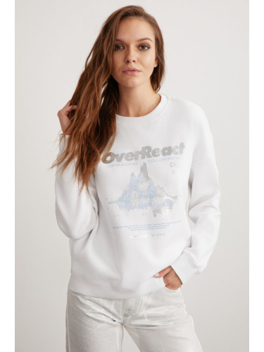 GRIMELANGE Faylinn Women's Crew Neck Fleece Printed White Sweatshir