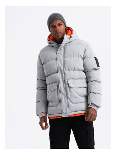 Ombre Men's sports warm jacket with double hood - grey