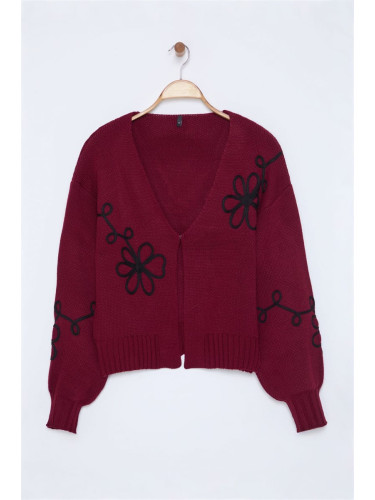 Trendyol Burgundy Embroidery Detailed V Neck Knitwear Cardigan