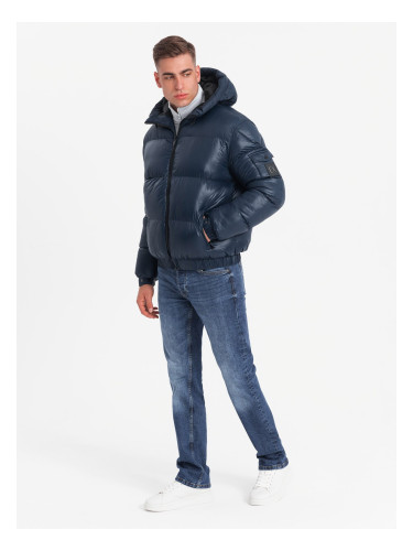 Ombre Warm men's puffer jacket with welts - navy blue