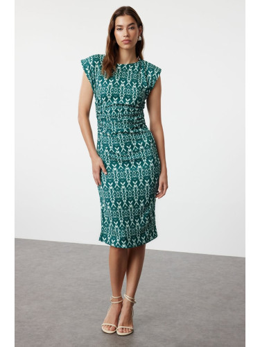 Trendyol Green Ethnic Pleated Midi Zero Sleeve Gathered Slit Body-fitting Flexible Knit Dress