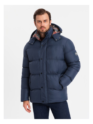 Ombre Men's puffer jacket with check lining - navy blue