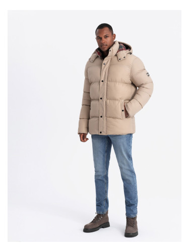 Ombre Men's puffer jacket with check lining - beige