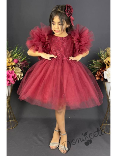 Официална детска рокля с богат тюл в бордо с дантела Мия с фиба за кос