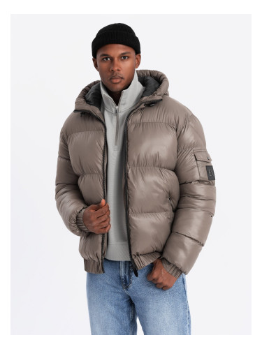 Ombre Warm men's puffer jacket with welts - dark beige