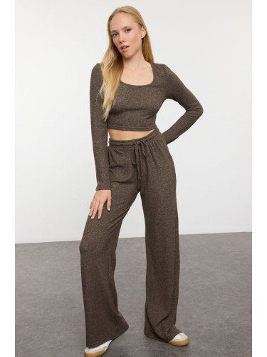 Trendyol Brown Soft Crop and Wide Leg Knitted Top and Bottom Set