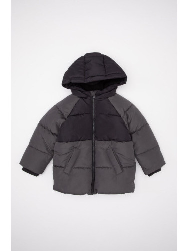 DEFACTO Baby Boy Hooded Water Repellent Block Color Patterned Fleece Lined Puffer Jacket