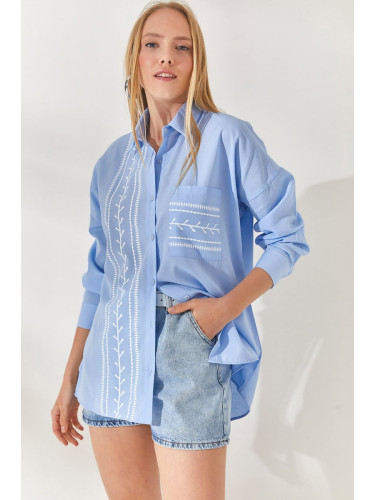 Olalook Bebe Blue Pocket Detailed Printed Woven Shirt