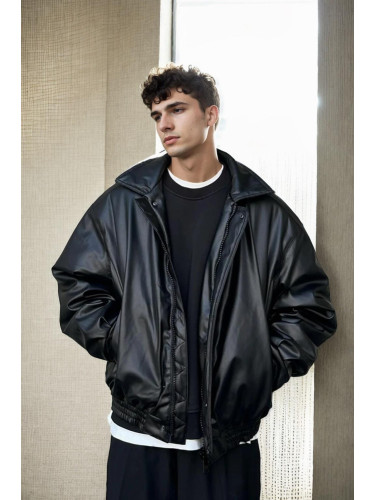 60695 Dewberry Oversize PU Mens Jacket-BLACK