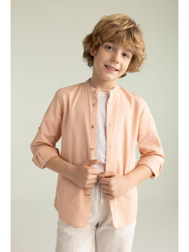 DEFACTO Boy's Stand Collar Linen Look Basic Long Sleeve Shirt