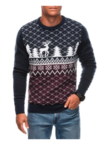 Edoti Men's Christmas winter jumper with reindeer - navy blue and white