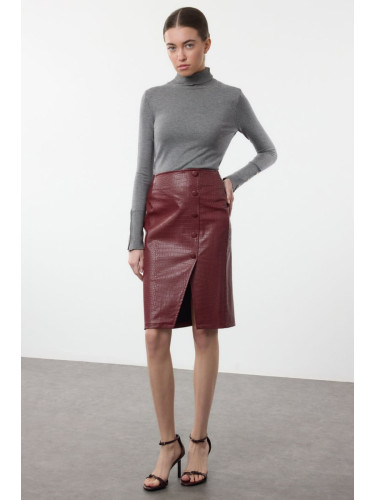 Trendyol Dark Red Limited Edition Faux Snakeskin Slit Detailed Midi Woven Skirt