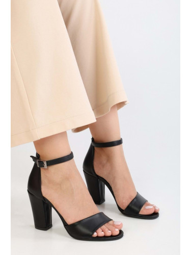 Shoeberry Women's Glamm Black Skin Single Strap Thick Heeled Shoes