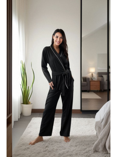 Trendyol Black Belted Brushed Soft Ribbed Piping and Double Breasted Detailed Knitted Pajama Set