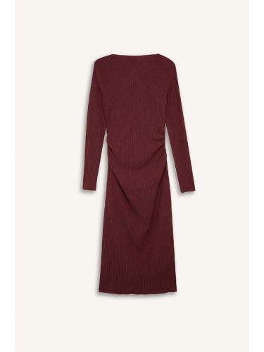 DEFACTO Bodycon Bodycon Half Turtleneck Basic Plain Crepe Long Sleeve Midi Burgundy Dress