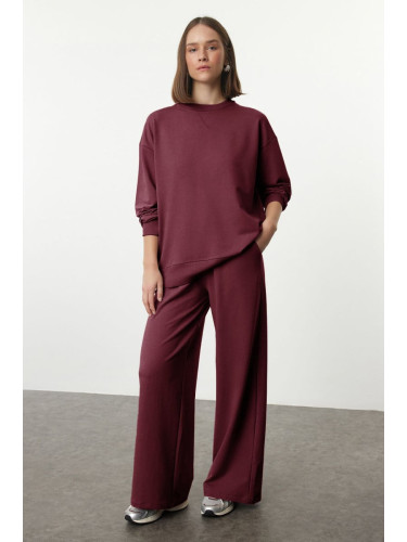 Trendyol Claret Red Relaxed/Comfortable Pattern Wide Leg/Wide Leg Knitted Sweatshirt/Bottom Tracksuit Set