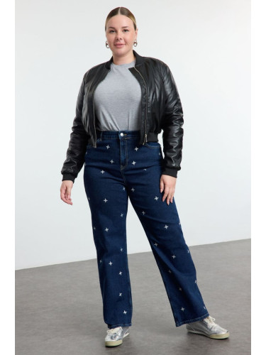 Trendyol Curve Dark Blue High Waist Star Printed Straight Fit Plus Size Jeans