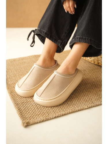 Capone Outfitters Thick Sole Suede Stitched Detailed Women's Beige Slippers