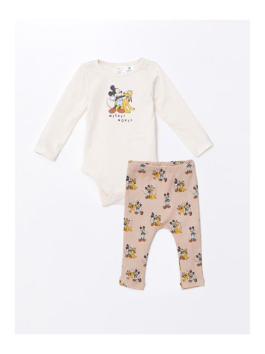 LC Waikiki Lcw Crew Neck Long Sleeve Mickey Mouse Printed Baby Boy Snap Bodysuit and Tights 2-Piece Set