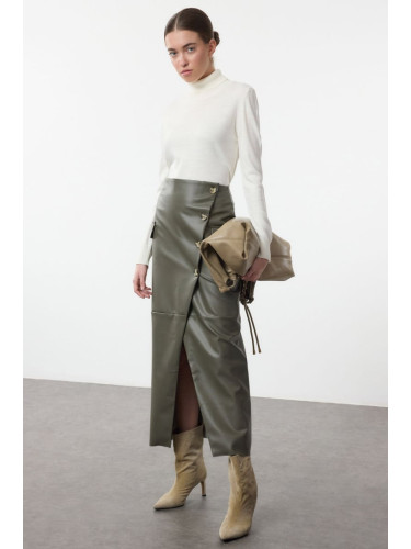 Trendyol Khaki Faux Leather Midi Woven Skirt