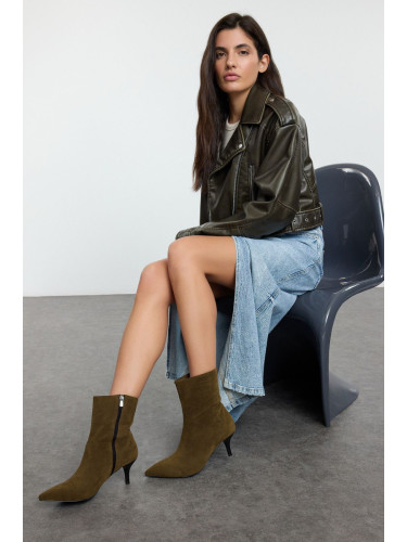Trendyol Khaki Suede Pointed Toe Thin Heel Women's Boots