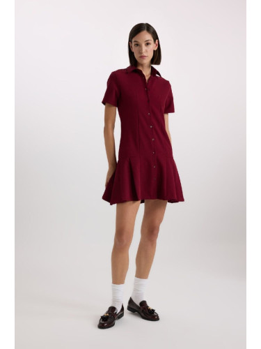 DEFACTO Polo Neck Basic Plain Short Sleeve Pleated Mini Dress