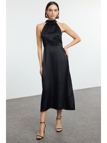 Trendyol Black More Sustainable A-Line Jacquard Satin Midi Woven Dress