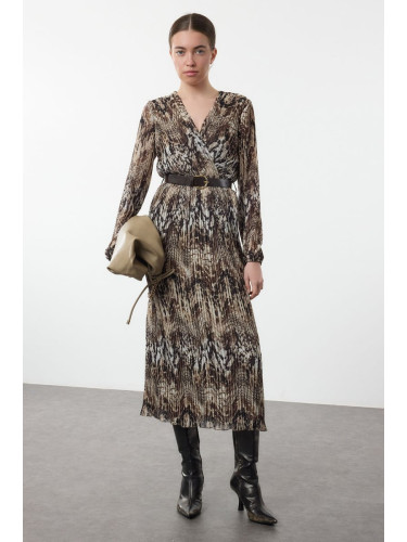 Trendyol Brown Belted Plain Belted Maxi Woven Dress