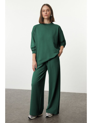 Trendyol Emerald Green Relaxed Pattern Wide Leg/Wide Leg Knitted Sweatshirt/Bottom Tracksuit Set