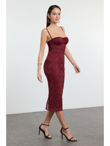 Trendyol Dark Burgundy Body-Smoothing Lined Lace Knit Dress