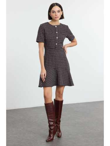 Trendyol Black Waist-Opening Crew Neck Mini Tweed Woven Dress