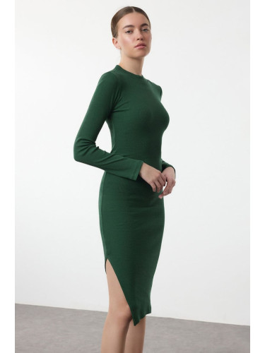 Trendyol Emerald Green Bodycon Slit Crew Neck Midi Ribbed Stretch Knit Dress