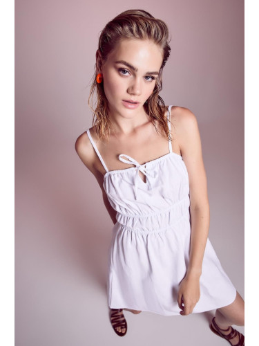 DEFACTO A-Line Strappy Linen Blend White Mini Dress