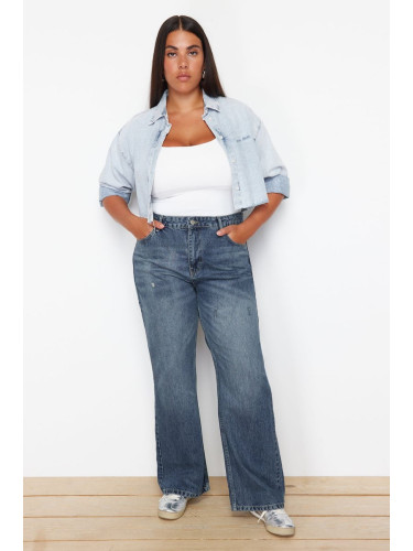 Trendyol Curve Blue Ripped High Waist Wide Leg Jeans