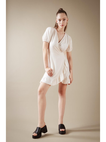 DEFACTO Wrap Collar Linen Mini Short Sleeve Dress