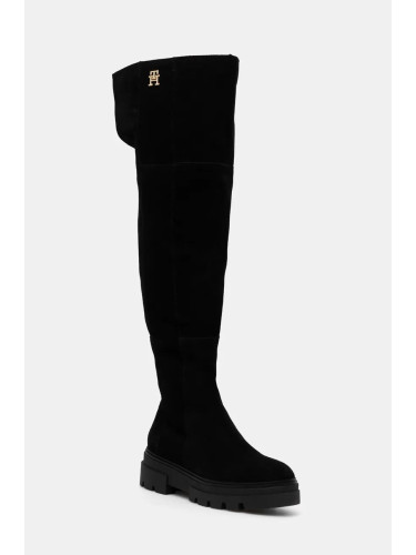 Велурени ботуши Tommy Hilfiger SUEDE OVER-THE-KNEE BOOT в черно с платформа FW0FW08159