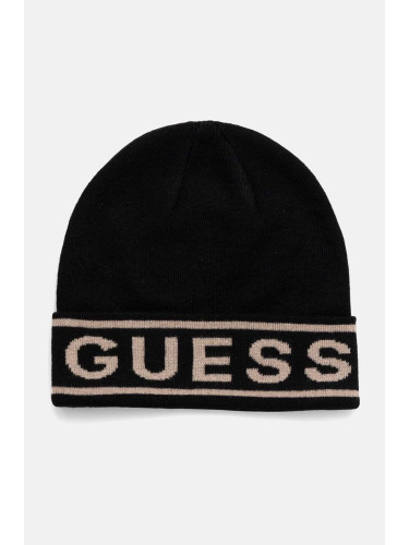 Шапка с вълна Guess LOGO BEANIE в черно с фина плетка M4BZ06.Z3H82