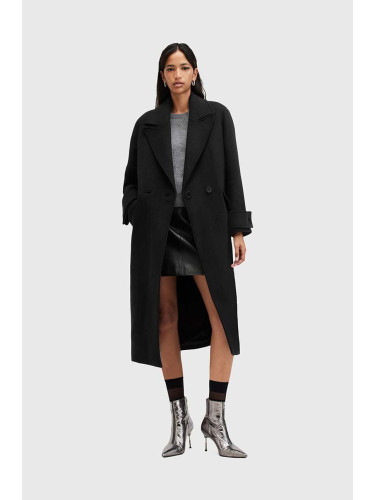 Палто с вълна AllSaints MABEL COAT в черно преходен модел с двуредно закопчаване W006OZ