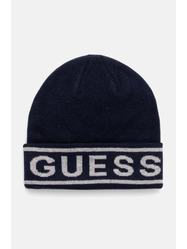 Шапка с вълна Guess LOGO BEANIE в тъмносиньо с фина плетка M4BZ06.Z3H82