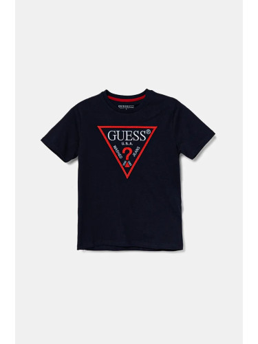 Детска памучна тениска Guess в тъмносиньо с апликация L4YI54 K8HM4