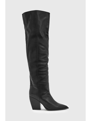 Кожени ботуши AllSaints Reina Boot в черно с дебел ток W096FB