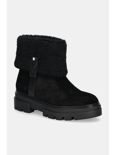 Велурени боти Tommy Hilfiger FAUX FUR SUEDE ROLL-DOWN BOOT в черно с равна подметка с изолация FW0FW08158