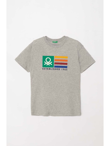 Детска памучна тениска United Colors of Benetton в сиво с принт 3I1XC10JL