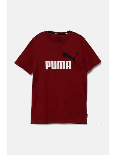 Детска памучна тениска Puma в бордо с принт