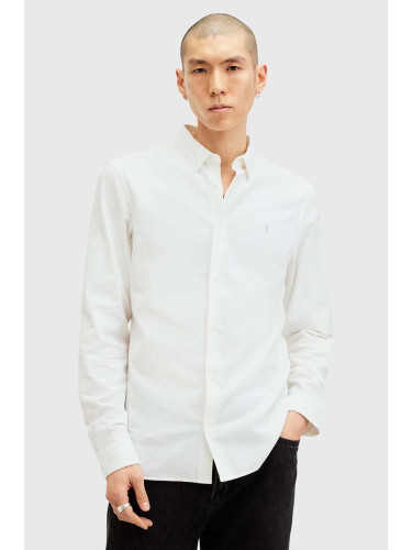 Памучна риза AllSaints LOVELL LS SHIRT мъжка в бяло с кройка по тялото с класическа яка M152SB