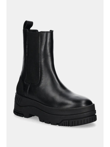 Кожени боти челси Tommy Jeans TJW CHELSEA FLATFORM BOOT в черно с платформа EN0EN02597